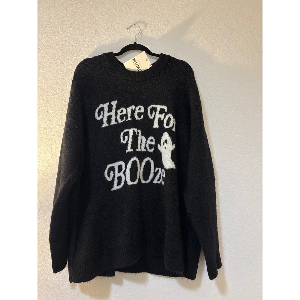 Show Me Your Mumu Here For The Booze Ghost Halloween Sweater Black Large NWT - Picture 1 of 2